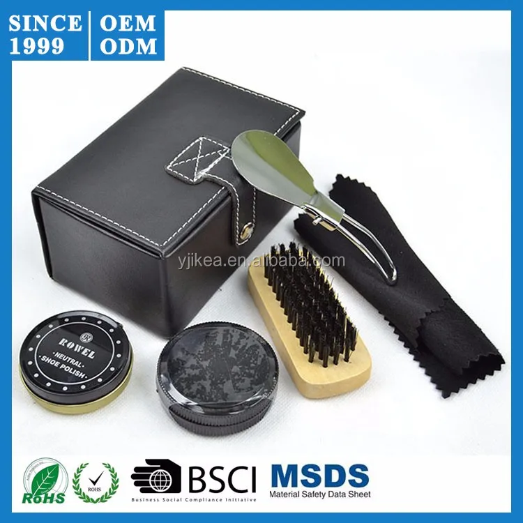 Shine Polish Cleaning Brushes Set Kit Brown Pu Leather Case Shoe Care