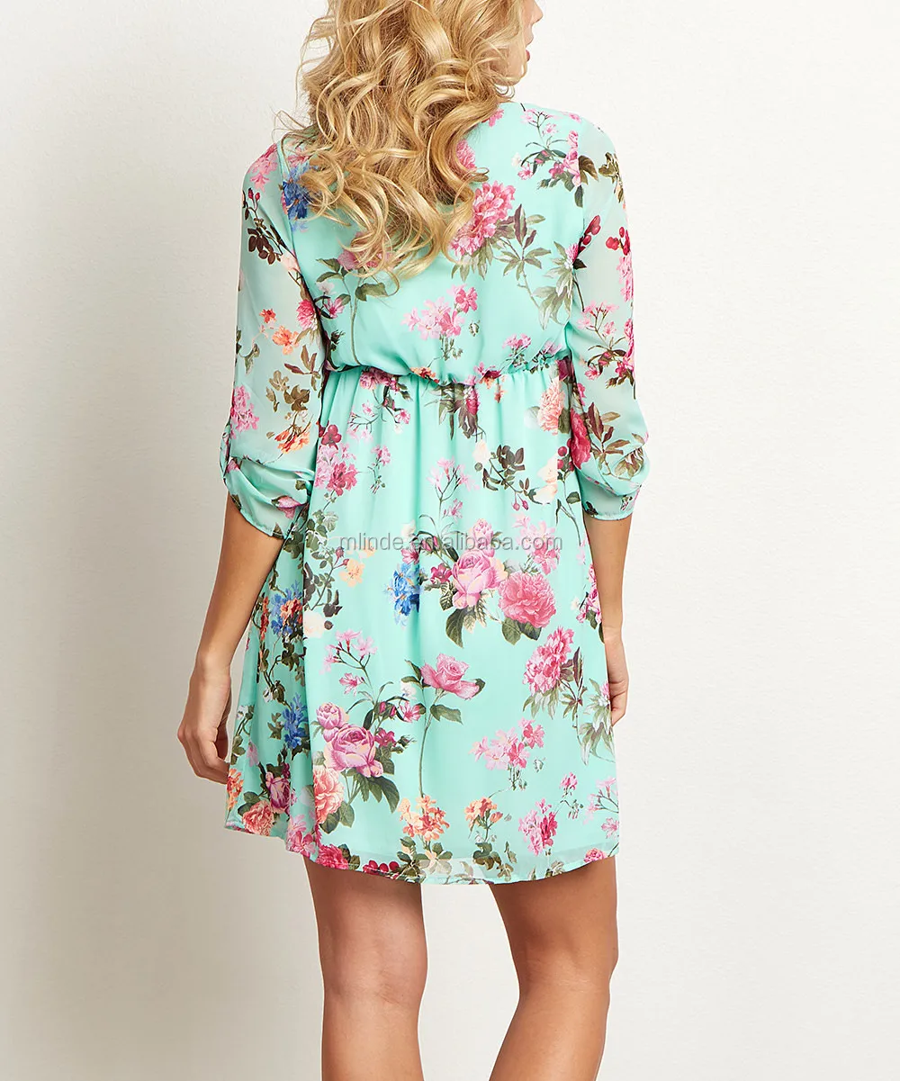 Women Ladies Fashion Mint Green Floral Three Quarter Sleeve Dress Casual Western Style Dresses Buy Western Style Casual Dresses Floral Dresses Western Style Dress Product On Alibaba Com