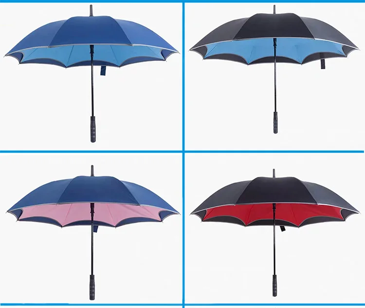 Windproof auto open straight double layer umbrella, straight umbrella with reflective strip