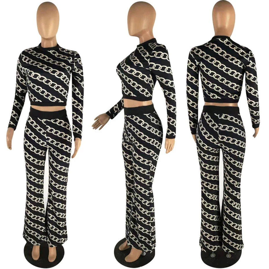 2019 fashion design women clothing long sleeve top wide leg pants two pieces set