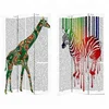 ILLUSTRATION ART STYLE DECORATIVE 3 PANEL CANVAS & WOODEN SCREEN ROOM DIVIDERS WITH VIBRANT COLOR ZEBRA PATTERN PRINTING