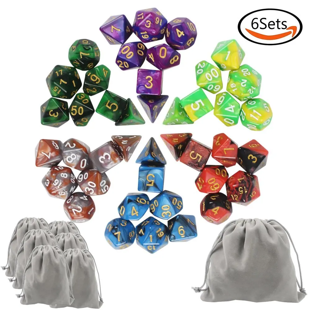 Whonline 6 x 7 (42 Pcs) Quality Double-Color Polyhedral Dice, 6 Colors, 6 Pouches plus 1 Oversized Quality Flannel Pouch