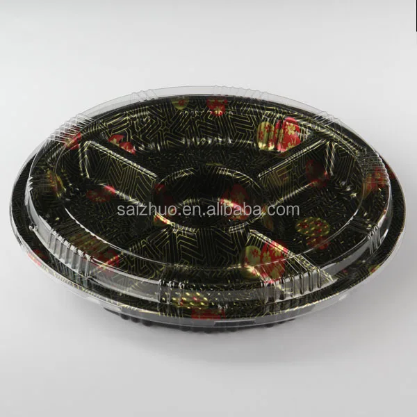 embossing momiji thickness round disposable plastic 5 divider food tray