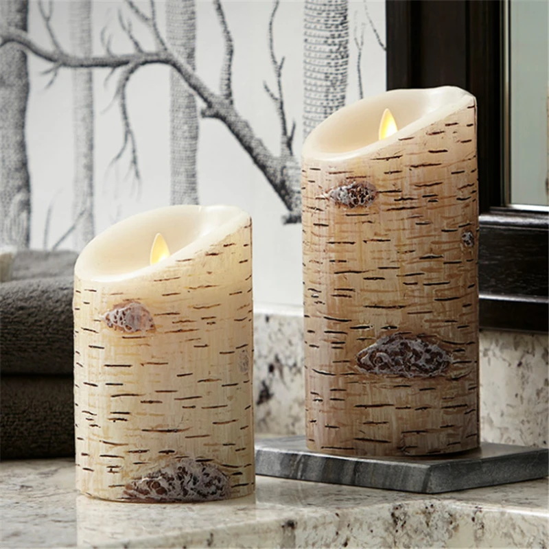 Wholesale Set Of 2 Birch Bark Flameless Wax Led Pillar Candle Buy