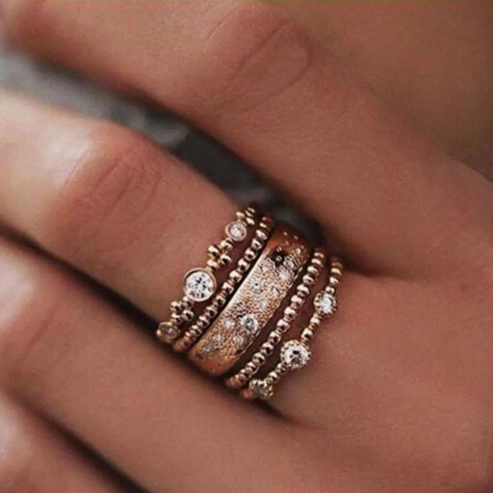 Ring,AutumnFall 2017 New Fashion 5PCS/Set Rose Gold Stackable Ring Sparkly Rings (Gold, Size 10)