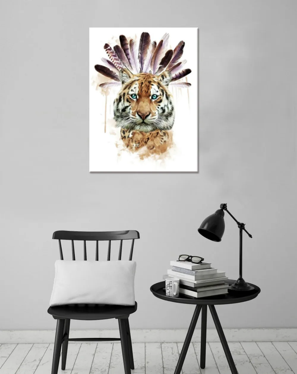 Abstract Animal Canvas Wall Art Cool Tiger With Watercolor Feather