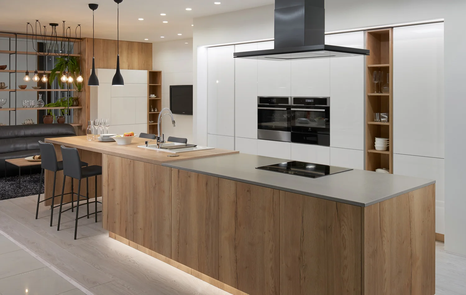 2019 杭州佛蒙特现代 l形定制白色高光泽与木纹厨房橱柜设计