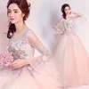 ZHF182 2018 New design long sleeved bride flower lace wedding dress pink ball gown