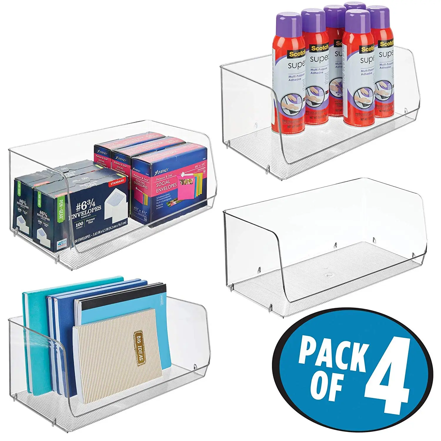 mDesign Stackable Plastic Storage Organizer Bin Basket for Desk, Book Shelf, Filing Cabinet - Container for Office Supplies, Sticky Notes, Pens, Pencils, 15" Wide, 4 Pack, Clear