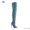 Women's Blue Denim Booties Lady Stelettos High Heel booties Fashion Knee High Jean Long Boots for women