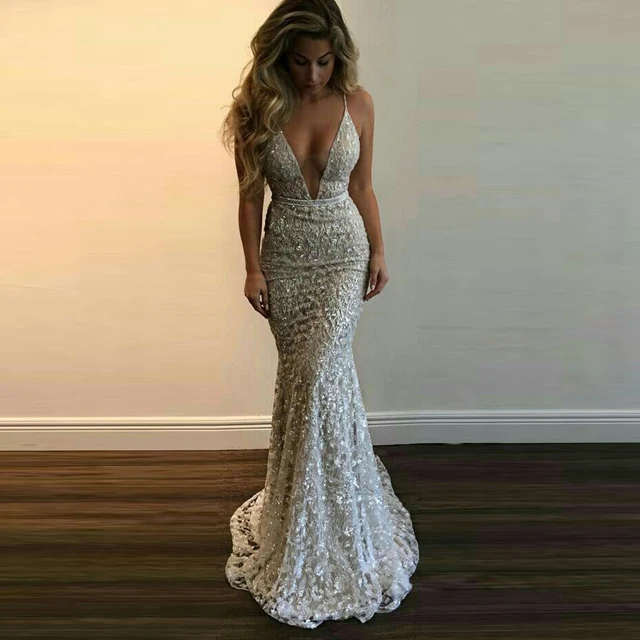 deep v neck mermaid wedding dress