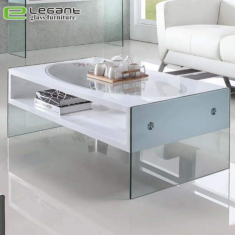 Clear Glass Center Table with White MDF Drawers