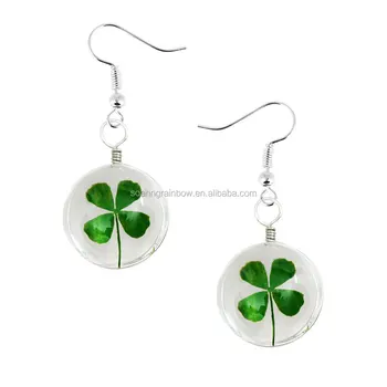 Long Pendant Earrings Green Four Leaf Clover Pressed Flower Long Pendant Earrings Green Four Leaf Clover Pressed Flower Real