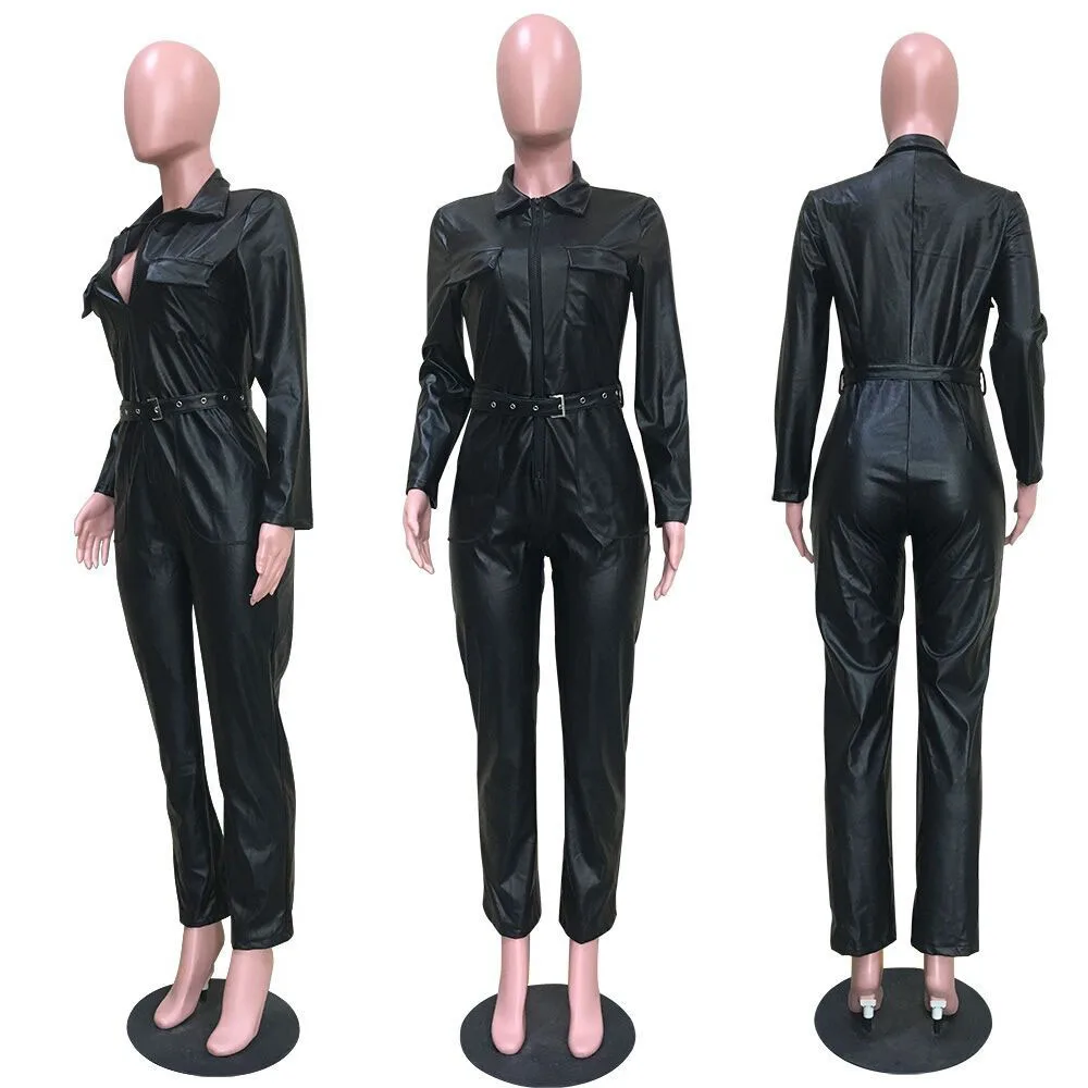 Fall Clothing Long Sleeve Faxu Pu Leather Pocket Jumpsuit For Women ...