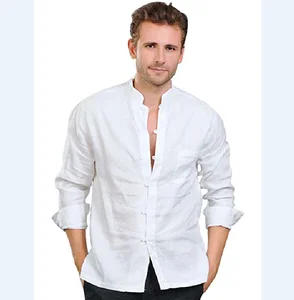 100% Linen Mens Mandarin Collar Roll-up Sleeves Casual Buttoned Shirt