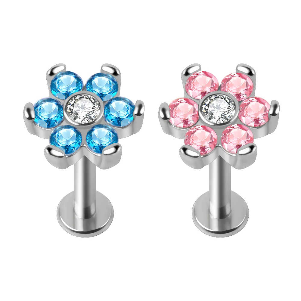 14g Cz Crystal Flower Labret Piercing Stud Internally Threaded Ear
