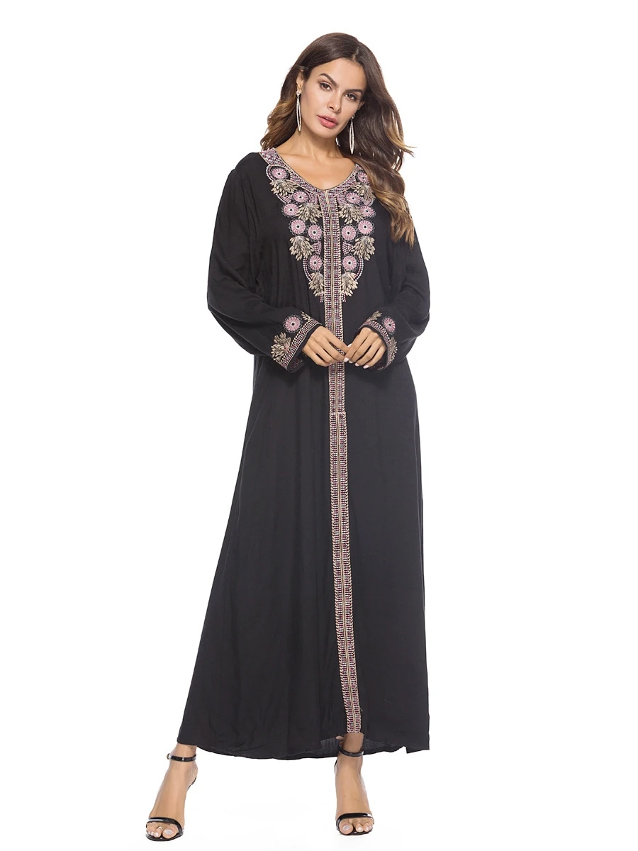 A Ethnic Embroidery Dress Abaya Long Sleeve Kaftan Maxi Muslim