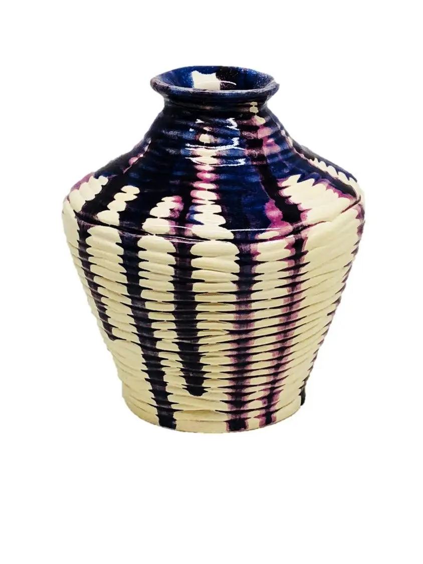 Purple, Blue and Violet Runs on White Glazed Handmade Ceramic Coil Vase