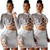 Hot selling crop top and mini skirt two piece set clothing bandage sexy women sequined winter suits