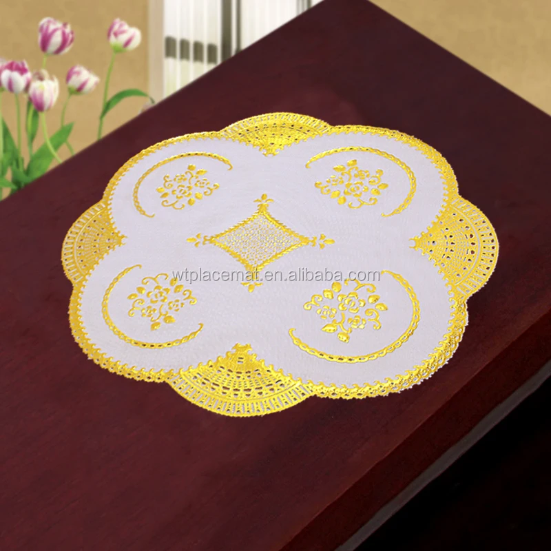 Waterproof Plastic Round Lace Doily/gold Embossed Pvc Tablemat/wrinkle