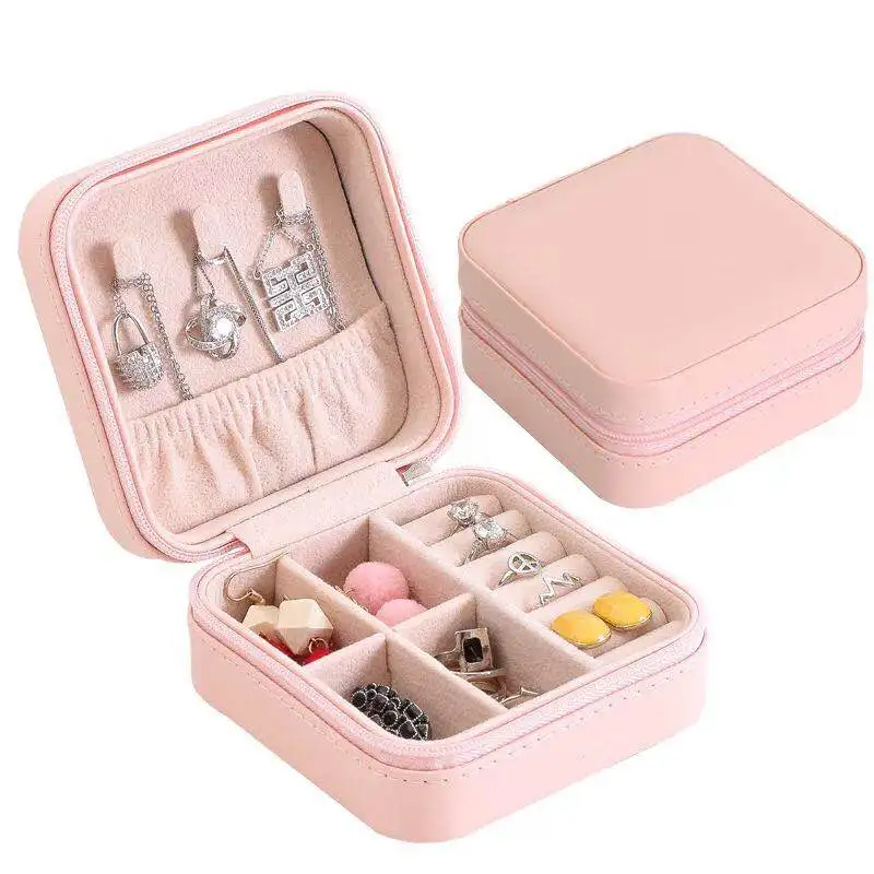 
PU Leather Travel Jewelry Box for lady Organizer Display Storage Case for Rings Earrings Necklace Zipper Closure 