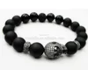BM22733 Wholesale Mens Bracelet 10mm Natural Matte Black Onyx And Polished Onyx Beaded Stretch Bangles With Cz Pave Skull