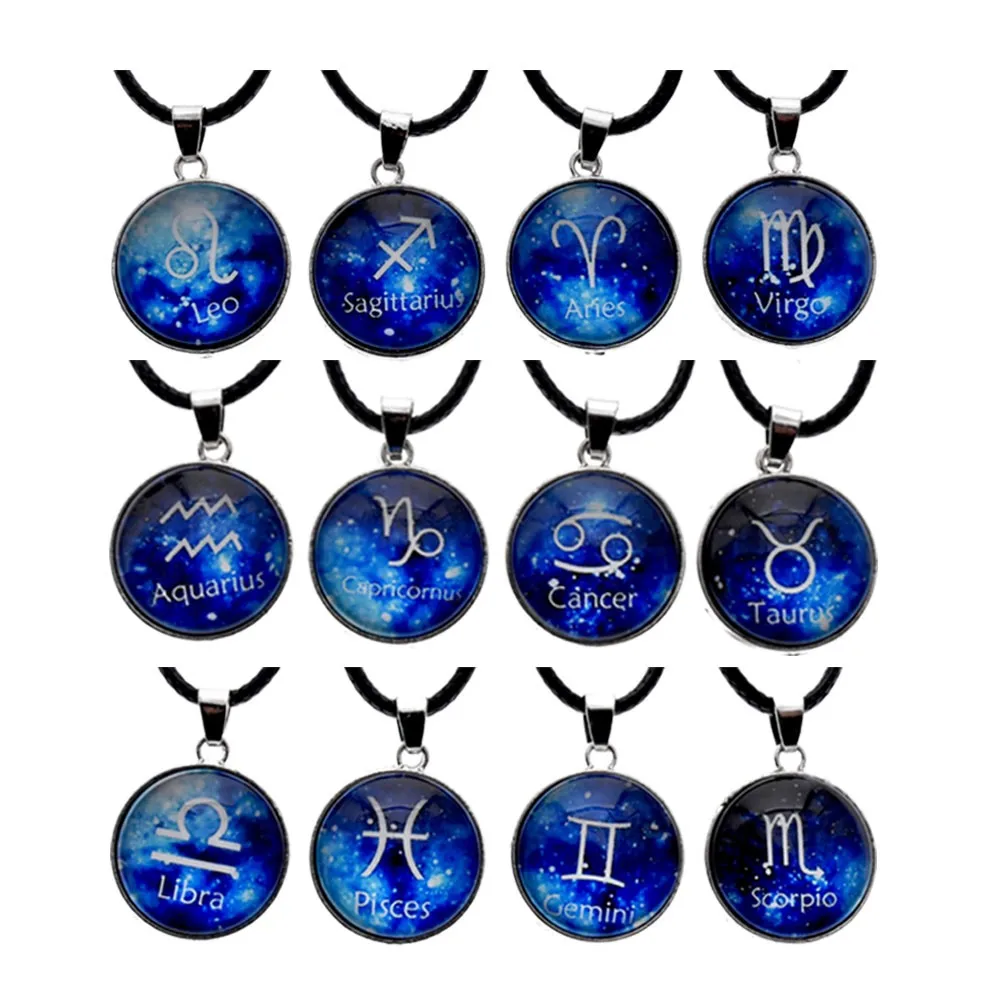 Cheap Cord Zodiac Sign Necklaces Astronomy Astrology Glass Pendant