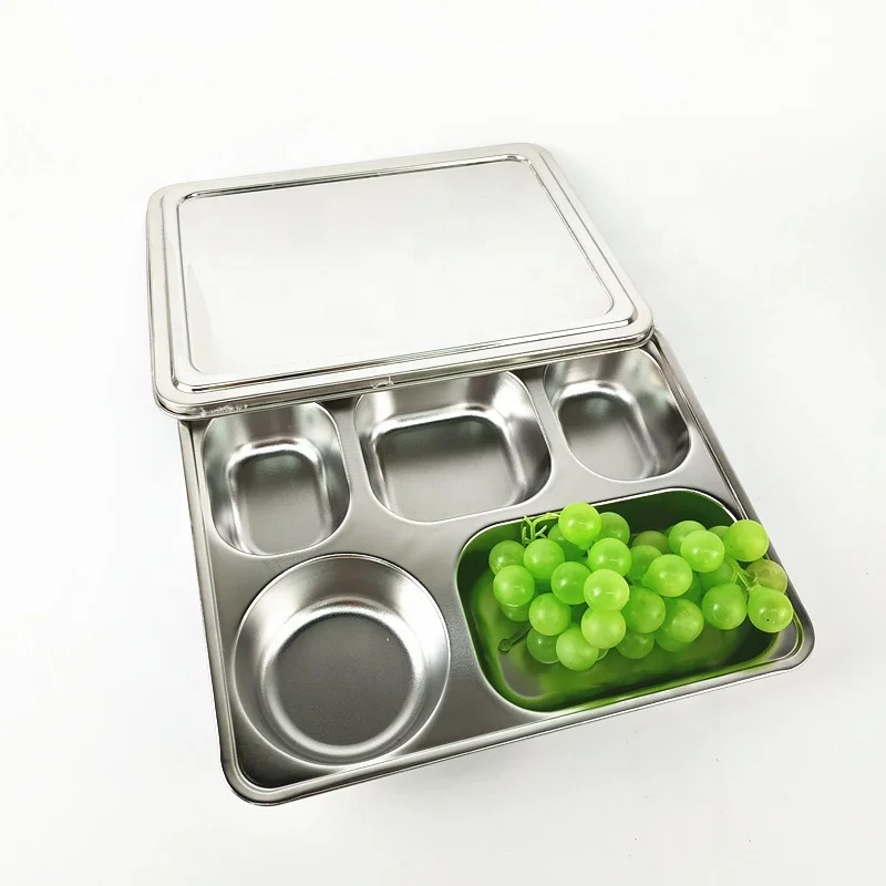 Stainless Steel Divided Dinner Food Trays With Cover Sectioned Dinner