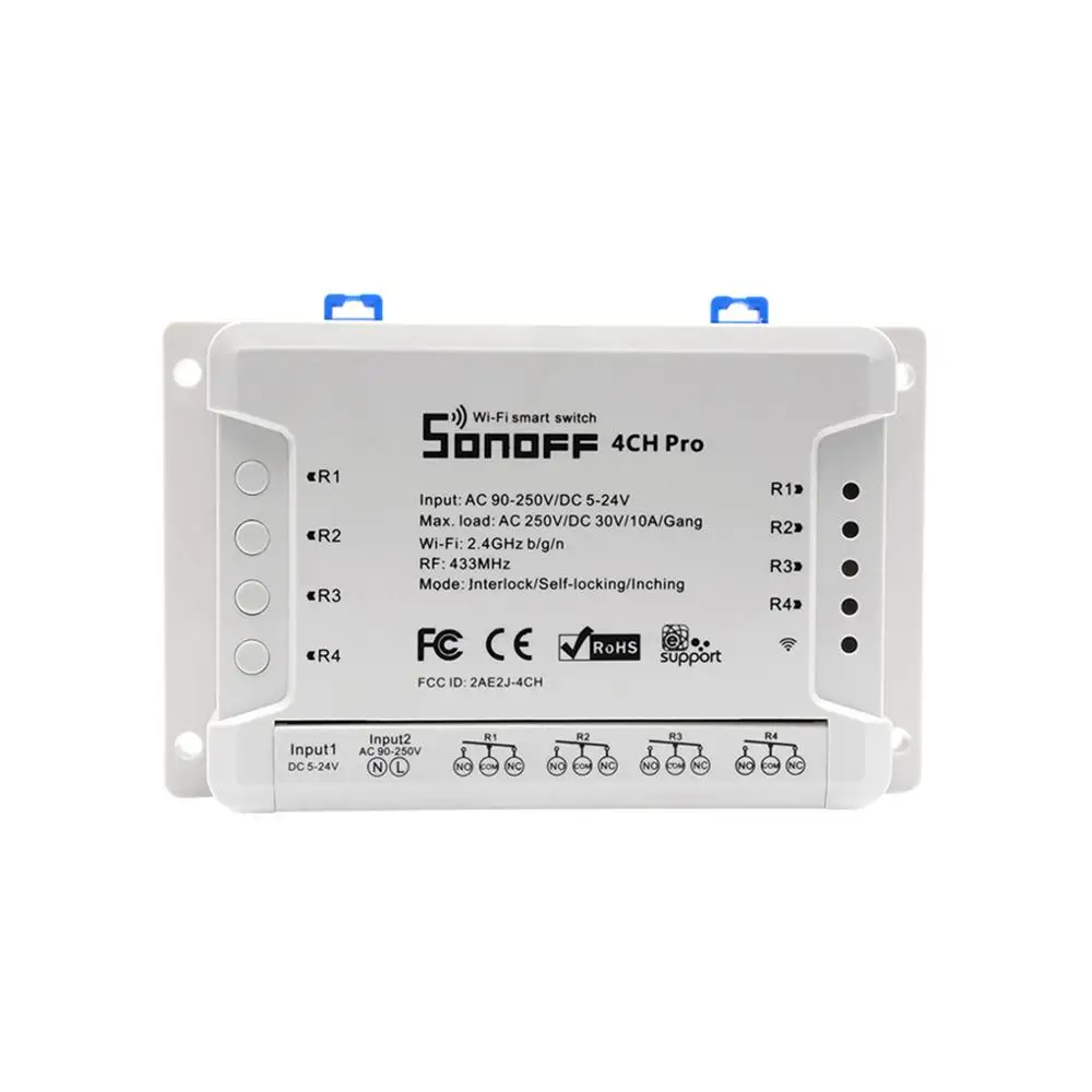 SONOFF 4CH Pro R2 10A /Gang 4 Channel Wifi Smart Switch 433 MHZ RF Remote Wifi Lights Switch Supports 4 Devices Works with Alexa
