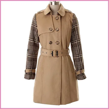 Woollen Plaid Sleevese Lady Brown Long Coat High Quality Overcoat Dress