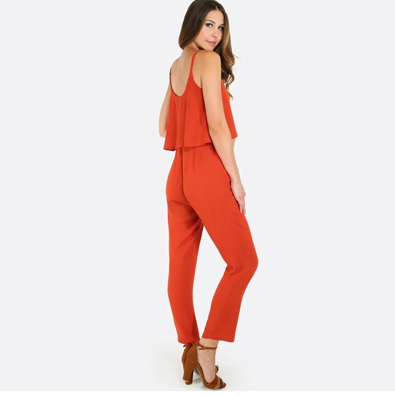 Ecoach Fashion 2016 Women Orange Spaghetti Strap Sexy Pattern Jumpsuit Overalls Bodycon Jumpsuit