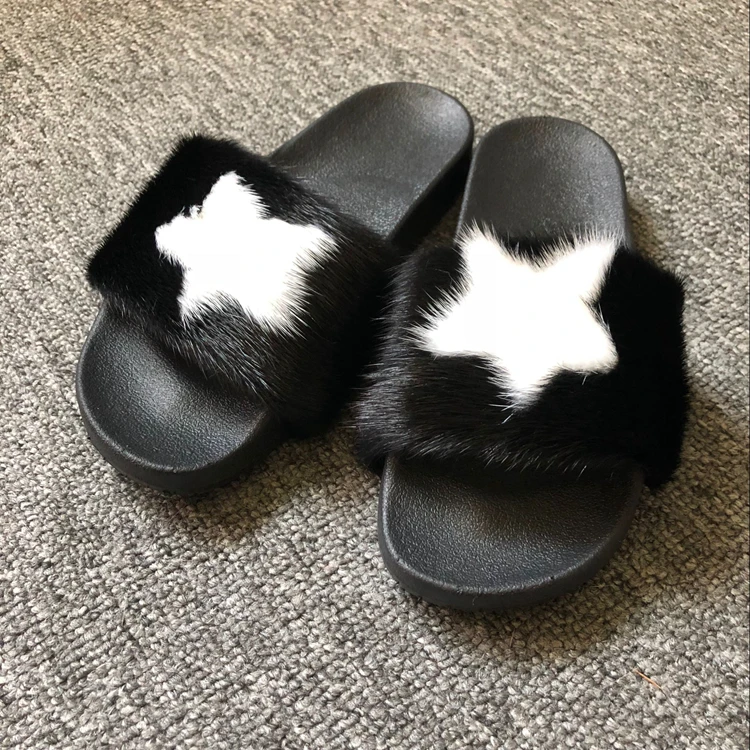 Wholesale Soft Black With White Star Real Mink Fur Slippers Pvc Fur Slides For Fashion Women ...