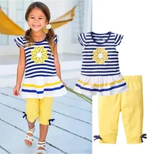 2016 New Girls Clothing Sets Baby Kids Clothes Suit Children Short Sleeve Striped T-Shirt +Pants roupas infantil meninas CF104