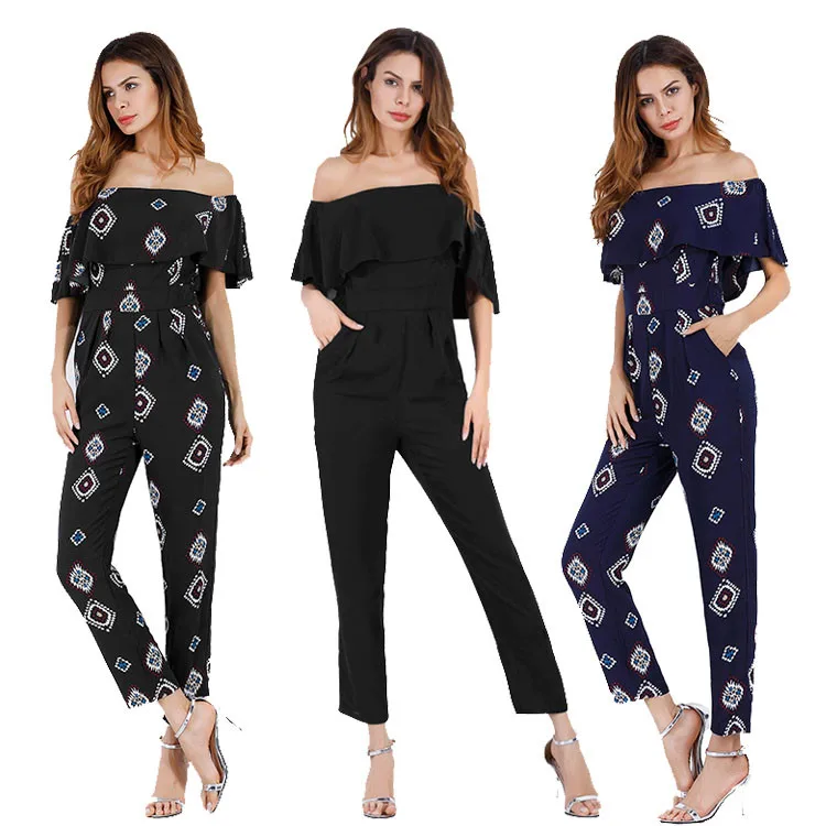 Factory Design Summer Fall Casual Off Shoulder Pant Trouser Floral Print Bell Bottom Chiffon Ladies Jumpsuit Women 2018