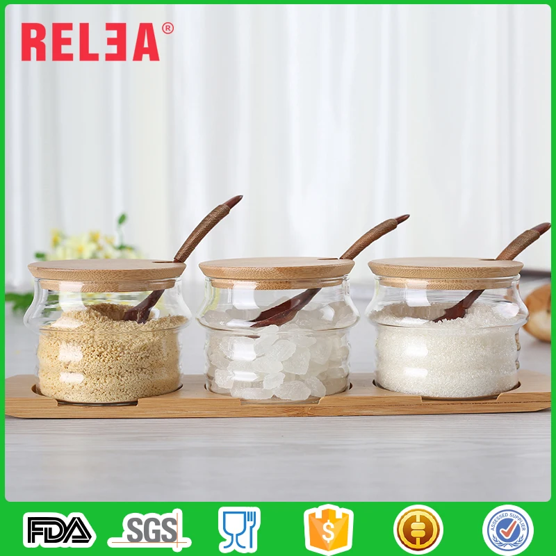 Condiment Container Seasoning Box Set Glass Condiment Canisters Pots with  Wooden Spoon Lid and Base 