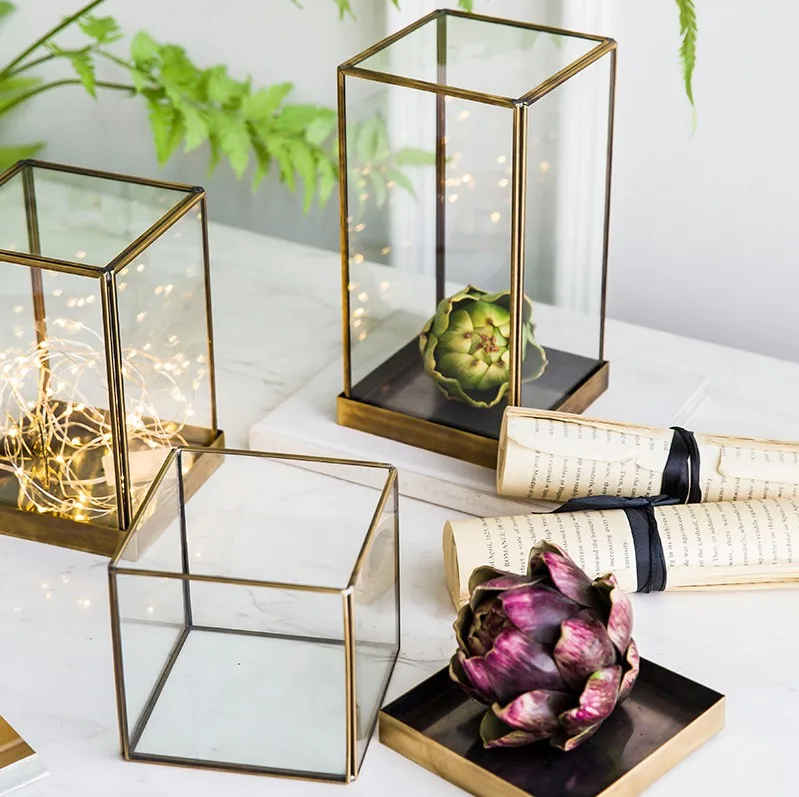 Antique Brass Frame Glass Cube Plant Terrarium Display Case For Home