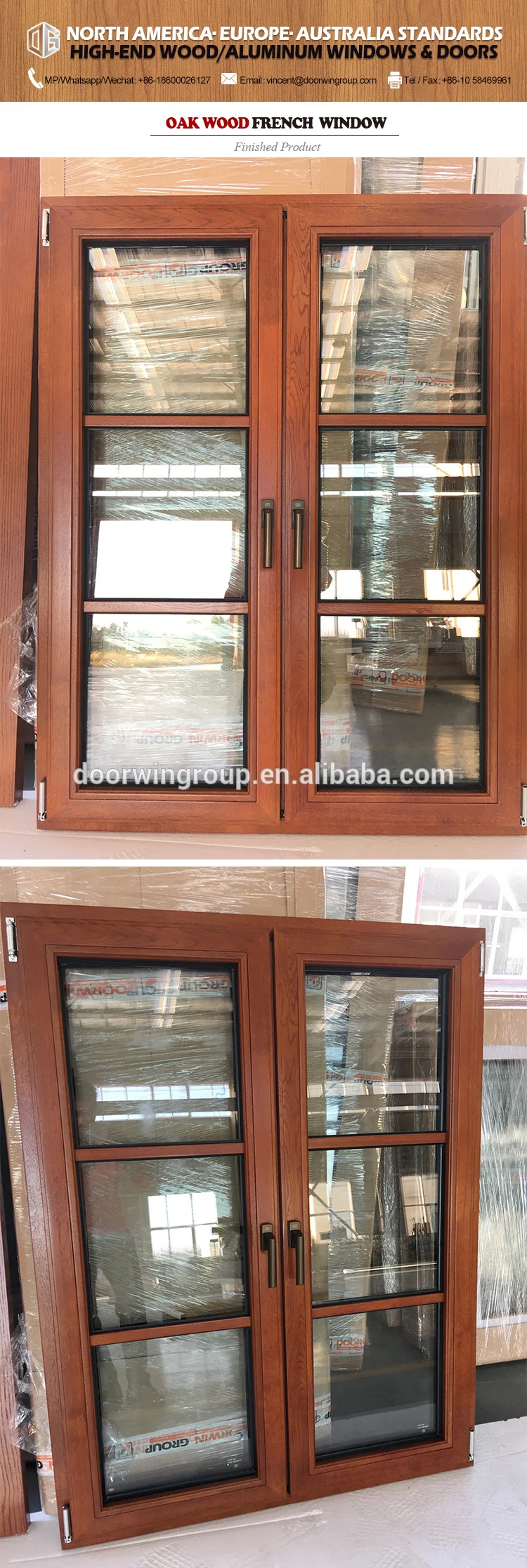 Fashion design of oak wood france window with double glazing glassand real grille design