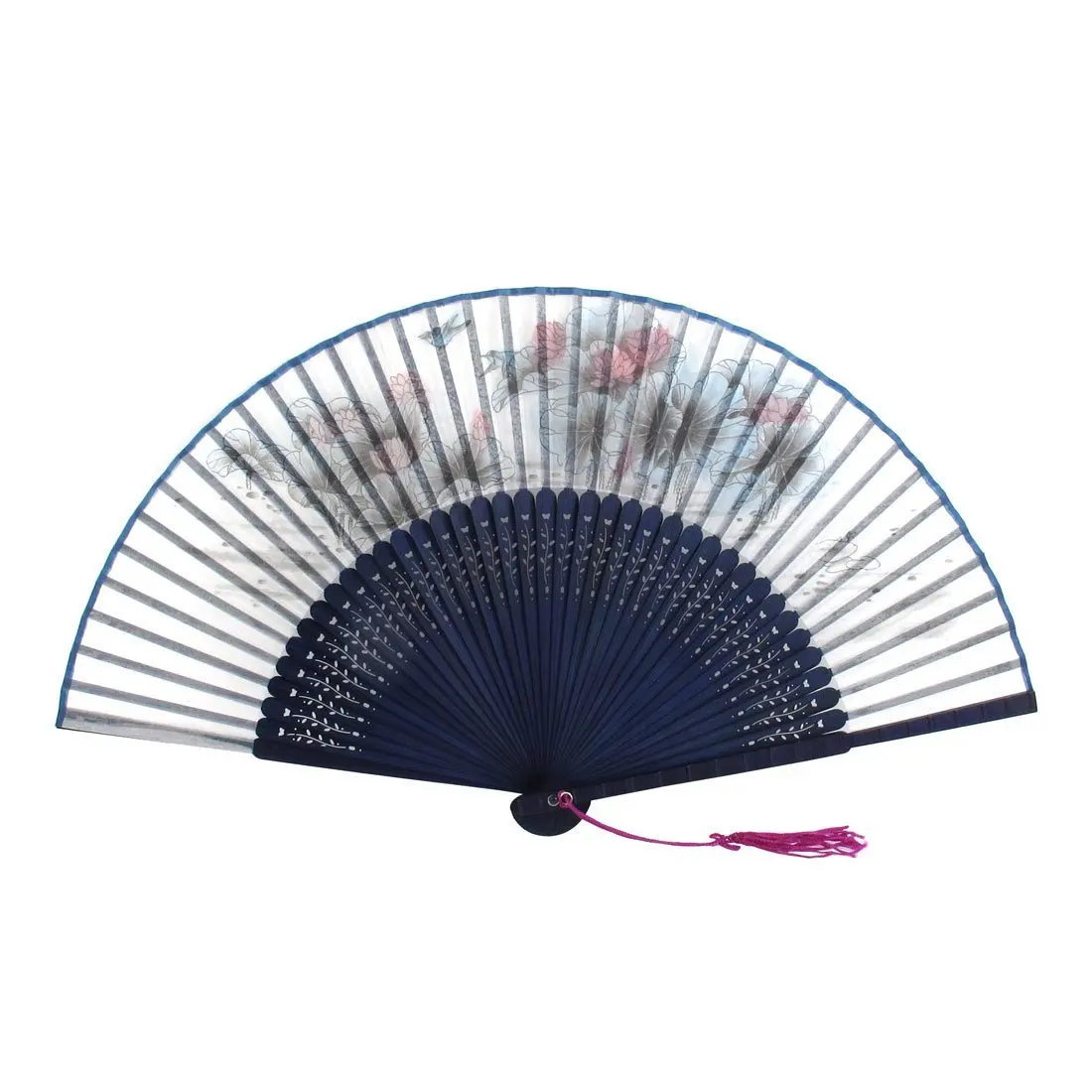 uxcell Organza Tassels Decor Flower Printed Folding Fan Dark Blue Purple