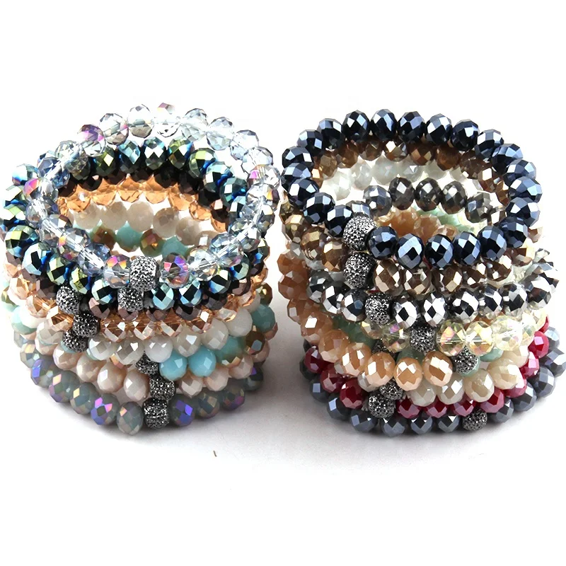 Holiday Gift Handmade Women Bracelet 10mm Assort Crystal Glass Beads Bracelet 5 Different Pave