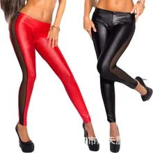New Fashion Women’s Slim Sexy Thigh Black Transparent Mesh Gauze Splicing Faux Leather Leggings Elastic Pencil Pants For Women
