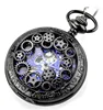 Fashion Retrp Blue Analog Hollow Case Skeleton Men Mechanical Pocket Watch Alloy Pendant Chain Steampunk Hand Winding Clock