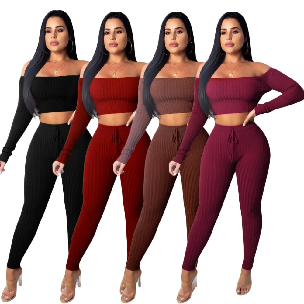 2018 Sexy Two Piece Set Women Strapless Tops Lace Up Pantsuit Two Piece