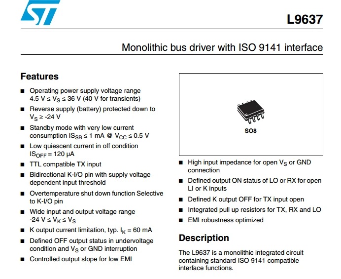 5PCS  L9637D SOP8 ST IC INTERFACE BUS ISO 9141 8-SOIC NEW GOOD QUALITY R2 