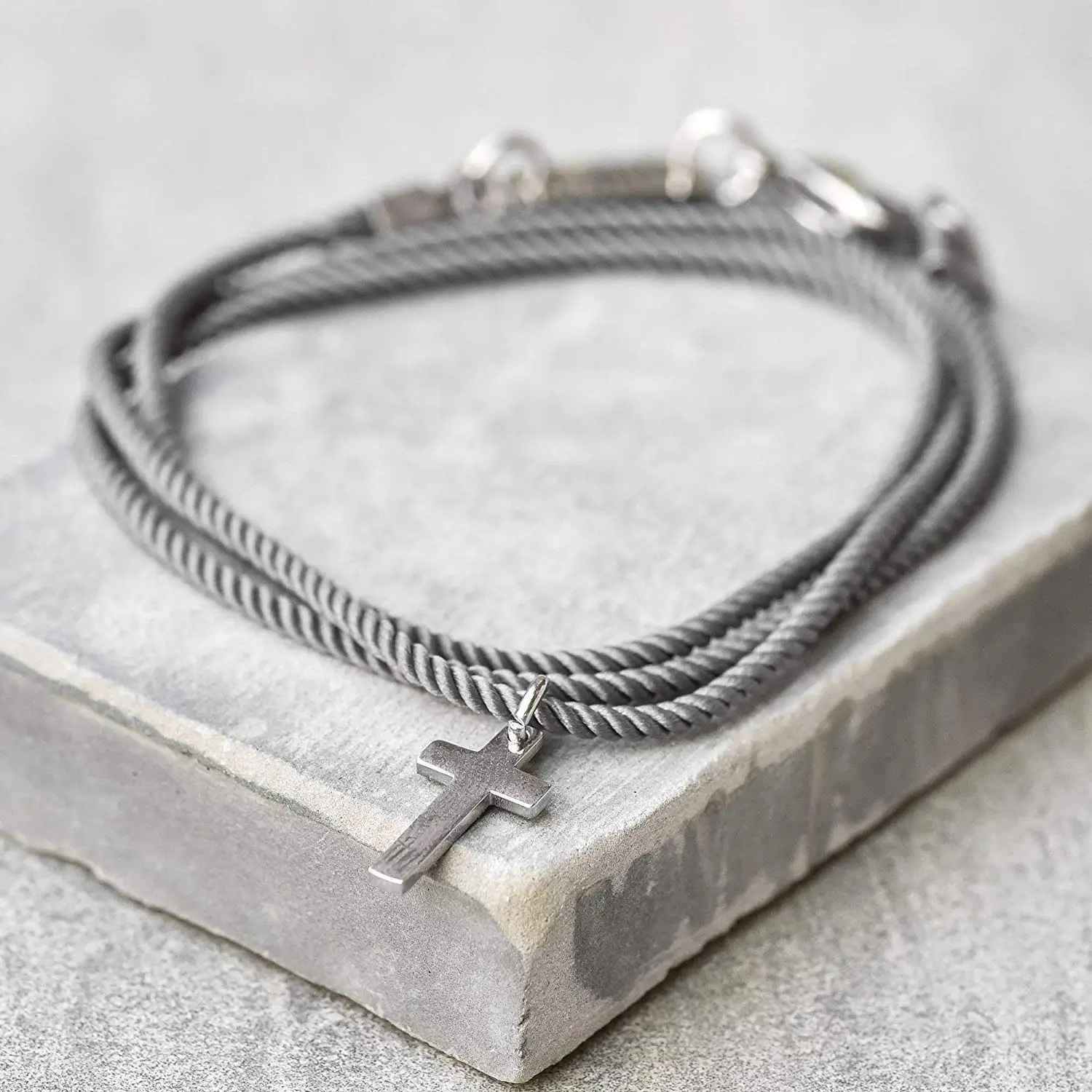 Handmade Wrap Gray Fabric Bracelet For Men Set With Stainless Steel Cross Pendant By Galis Jewelry - Cross Bracelet For Men - Religious Bracelet For Men - Christian Bracelet For Men - Jewelry For Men