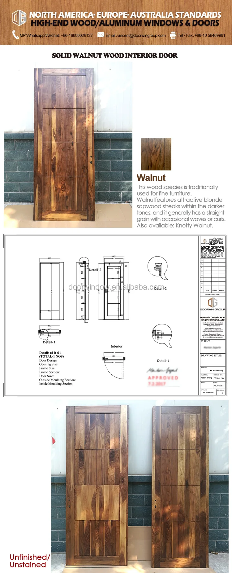 Modern new product design black walnut interior house door with 4 panels