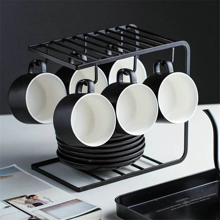 Hot Sale Home Goods White Ceramic Coffee Tea Cup Set With Metal Rack