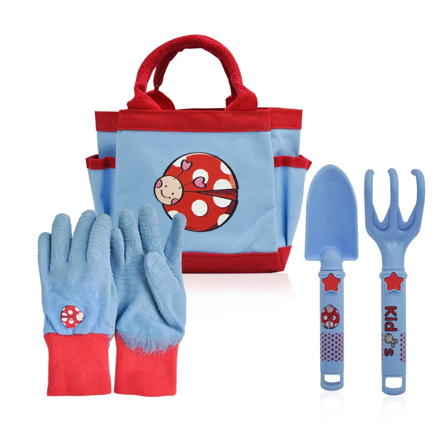 CERBIOR Kids Gardening Tools, 4 Piece Garden Tool Set Kids Gardening Gloves, Rake, Trowel, All in One Gardening Tote