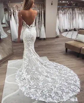 Zh3905g Beaded Pearls Spaghetti Strap Lace Wedding Dresses