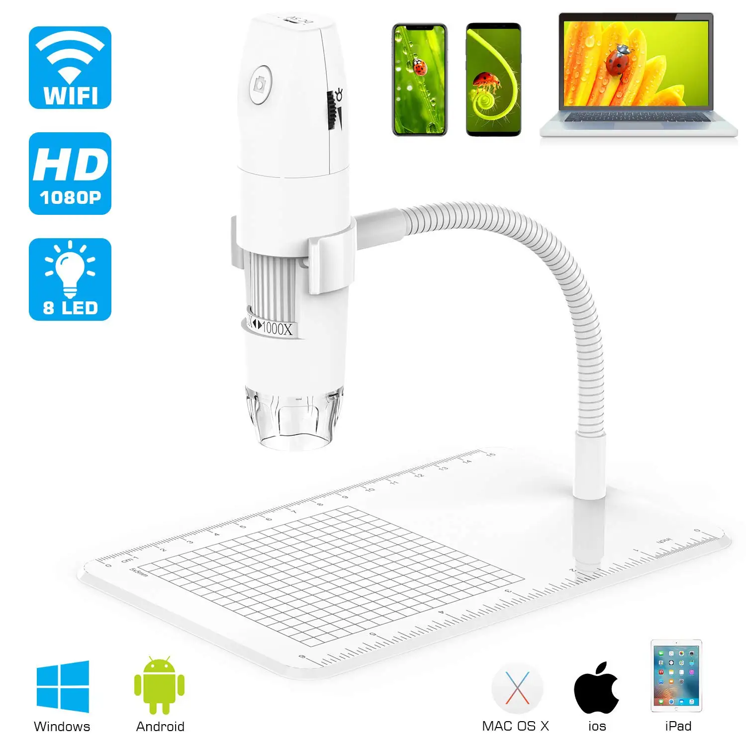 Built-in 8 LED Light for Industry Laboratory with Rotatable Bracket Jingyig Microscope Camera Video Recording WiFi Electric Microscope 
