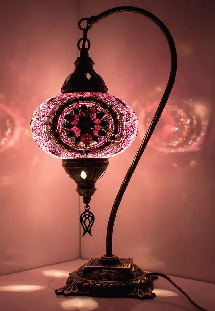 DEMMEX New BOSPHORUS Stunning Handmade Turkish Moroccan Mosaic Glass Table Desk Bedside Lamp Light with Bronze Base Red